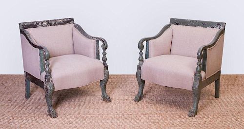 PAIR OF AMERICAN COLONIAL REVIVAL GREEN PAINTED ARMCHAIRS