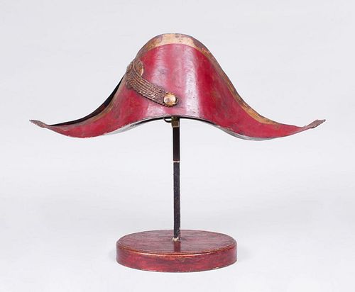 FRENCH RED TÔLE PEINTE MODEL OF A HAT MOUNTED AS A LAMP