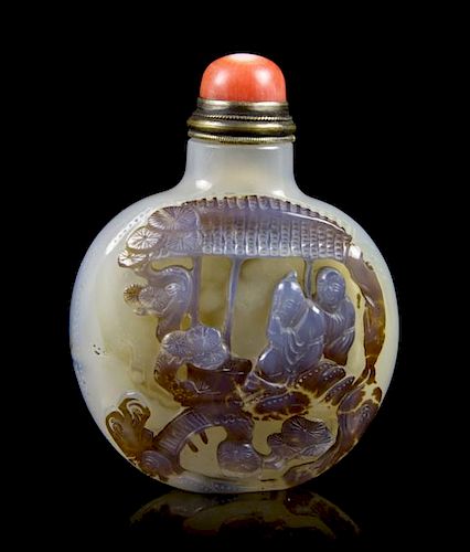 A Suzhou Style Carved Shadow Agate Snuff Bottle, Height 2 1/4 inches.