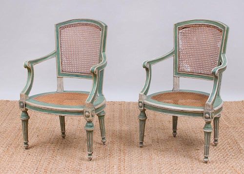 PAIR OF ITALIAN NEOCLASSICAL STYLE PAINTED AND CANED ARMCHAIRS