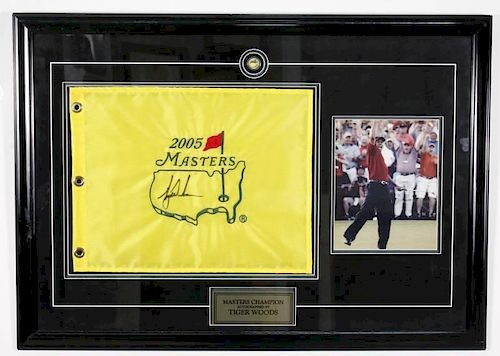 Framed '05 Masters Flag w/ Tiger Woods Autograph