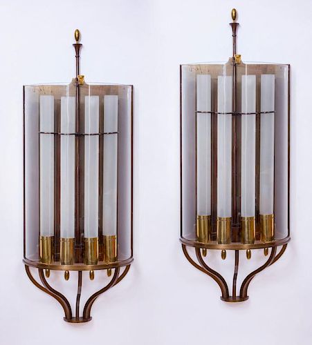 PAIR OF FRENCH ART DECO CHROME, GLASS AND BRASS FOUR-LIGHT WALL SCONCES
