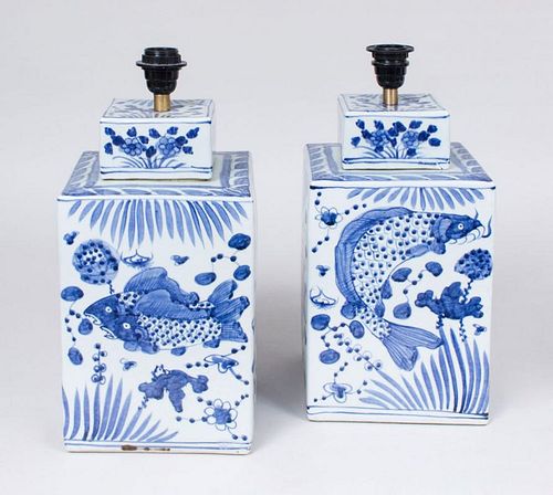 PAIR OF CHINESE BLUE AND WHITE PORCELAIN SQUARE JARS AND COVERS MOUNTED AS LAMPS