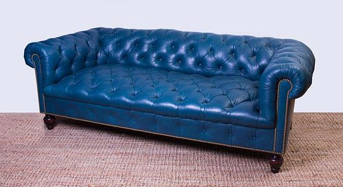 TEAL LEATHER-UPHOLSTERED CHESTERFIELD SOFA