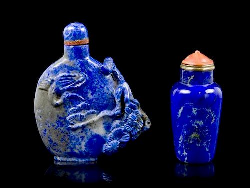 Two Lapis Snuff Bottles, Height of taller overall 2 3/4 inches.