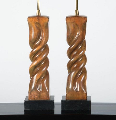 PAIR OF CARVED AND STAINED WOOD TABLE LAMPS