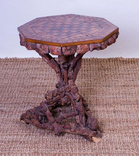 RUSTIC BURL AND ROOT MARQUETRY GAMES TABLE