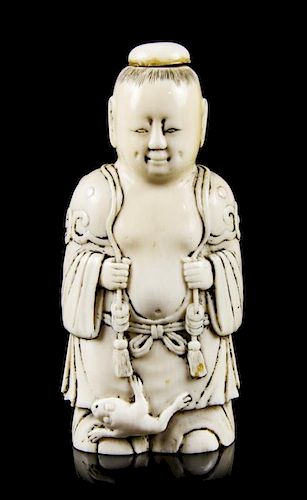A Carved Ivory Figural Snuff Bottle, Height overall 3 3/8 inches.