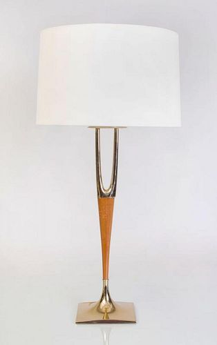 LAUREL BRASS AND WALNUT 'WISHBONE' LAMP