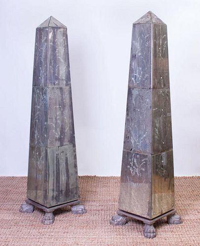 PAIR OF ETCHED MIRRORED OBELISKS ON PAINTED WOOD STANDS