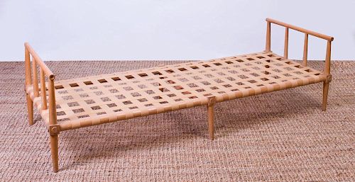 BEECH AND NYLON TAPE DAYBED, IN THE STYLE OF T.H. ROBSJOHN-GIBBINGS