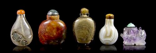 * A Group of Five Snuff Bottles, Height of tallest 2 3/8 inches.