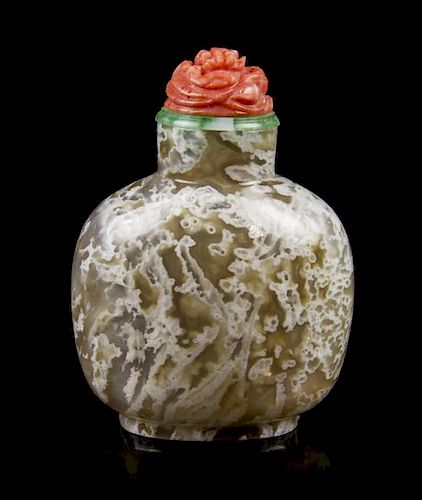 A Moss Agate Snuff Bottle, Height 2 5/8 inches.