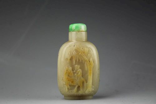 Chinese mutton fat jade snuff bottle with jadeite stopper glued to the bottle. Low relief carved figure of a man on horseback