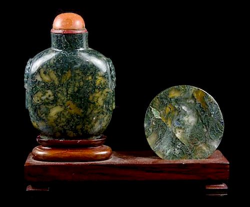A Moss Agate Snuff Set, Height of bottle 2 5/8 inches.