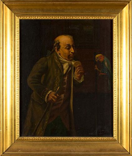 Antique 19C R Russell oil on canvas "Man with Parrot"