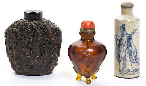 A Group of Three Snuff Bottles, Height of tallest 3 inches.