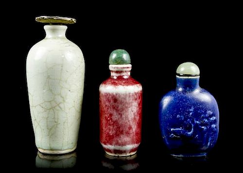 Three Glazed Ceramic Snuff Bottles, Height of tallest 3 3/4 inches.