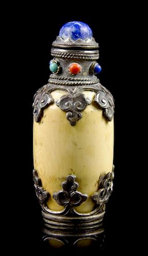 An Ivory Silvered Metal Mounted Snuff Bottle, Height overall 2 13/16 inches.