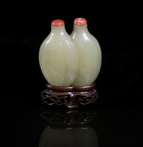 A Celadon Jade Double Snuff Bottle, Height 2 1/8 inches.