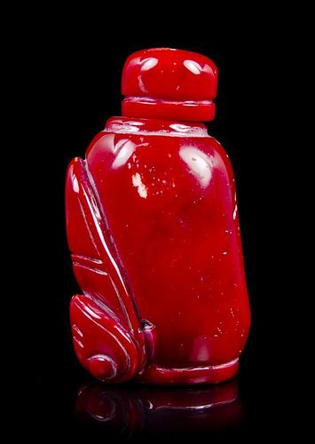 A Red Coral Snuff Bottle, Height overall 2 5/8 inches.