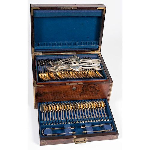 English Gilt Sterling Silver Flatware Set, William Eley and William Fearn, Plus