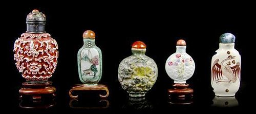 * A Group of Five Glazed Ceramic Snuff Bottles, Height of tallest overall 3 1/8 inches.