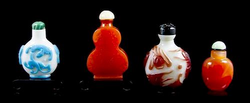 Three Peking Glass Snuff Bottles, Height of tallest 2 1/2 inches.