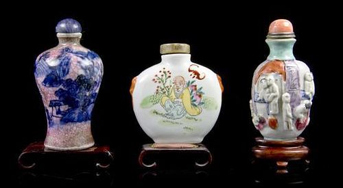 Six Glazed Ceramic Snuff Bottles, Height of tallest 3 1/8 inches.