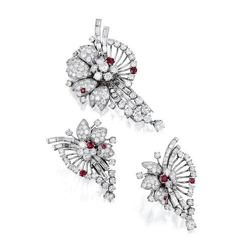 A Platinum Diamond and Ruby Ear Clip and Brooch Set
