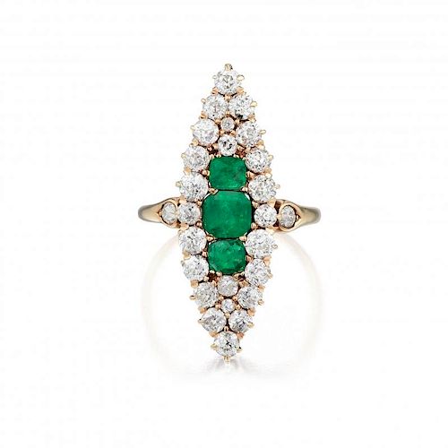 Antique 14K Gold Emerald and Diamond Ring