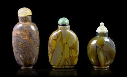 A Group of Three Snuff Bottles, Height of tallest 3 1/4 inches.