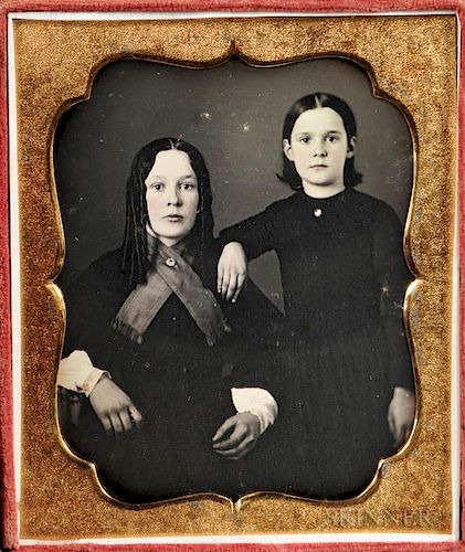 Sixth-plate Tinted Daguerreotype of Two Stylish Young Women