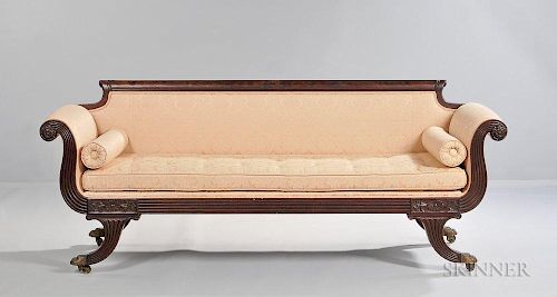 Classical Upholstered Carved Mahogany and Mahogany Veneer Grecian Sofa