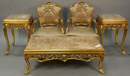 Five piece French style group to include pair of chairs, coffee table (ht. 17in., top: 23 1/2" x 48"), and matching marble to