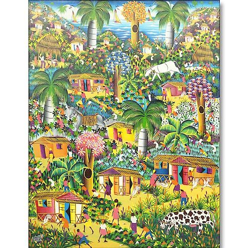 Edouard P., Haitian (20th C.) Oil on Linen "Village Scene"