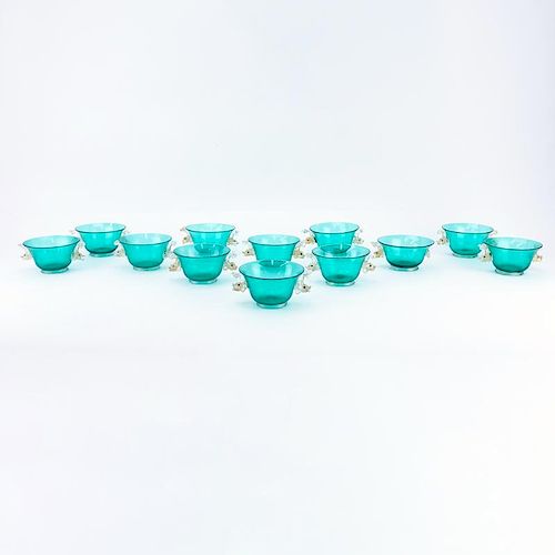 Twelve (12) Hand Blown Venetian Murano Art Glass Footed Bowls with Gold Fleck Dolphin Handles