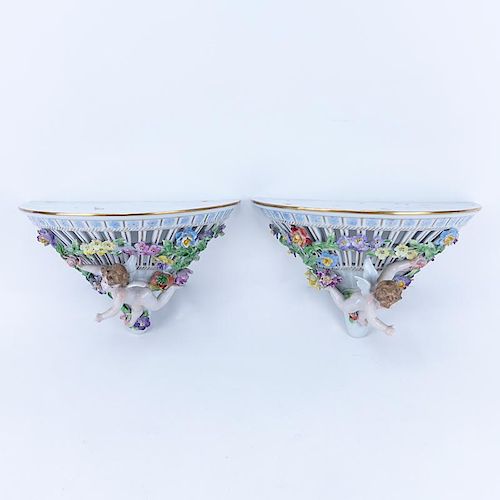 Pair of Dresden Hand Painted Porcelain Putti Figural Wall Brackets/Sconces by Carl Thieme