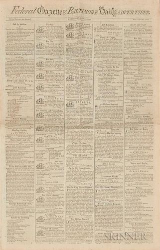 Federal Gazette & Baltimore Daily Advertiser Newspaper, May 31, 1797, includes ads for slaves, ships, etc.