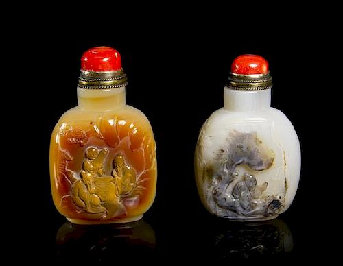 Two Carved Agate Snuff Bottles, Height of taller 3 1/2 inches.