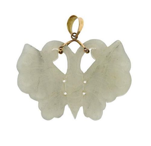 14k Gold Carved Jade Butterfly Pendant