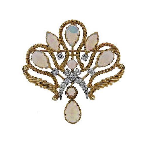 14K Gold Diamond Opal Pendant Brooch