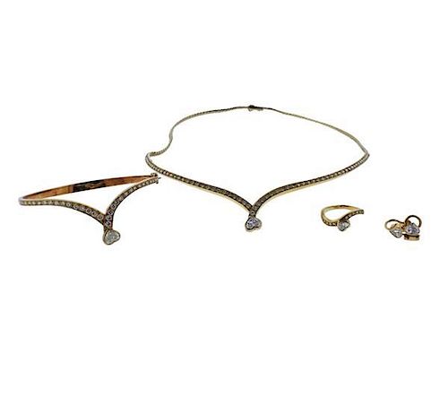 18K Gold Diamond Necklace Earrings Ring Bracelet Set