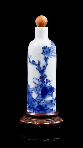 A Blue and White Cylindrical Snuff Bottle, Height 2 3/4 inches.