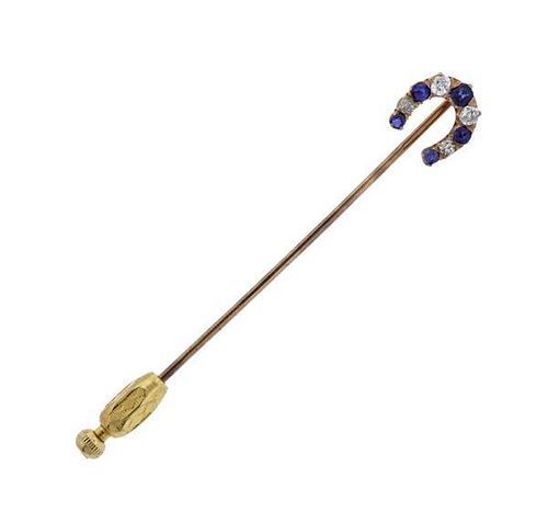 Antique 14K Gold Diamond Blue Gemstone Stick Pin