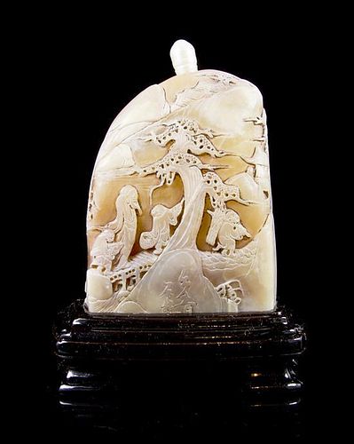 A Carved Soapstone Snuff Bottle, Height overall 3 3/8 inches.