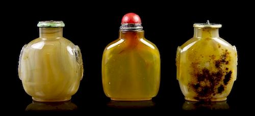 A Group of Three Agate Snuff Bottles, Height of tallest 2 3/4 inches.