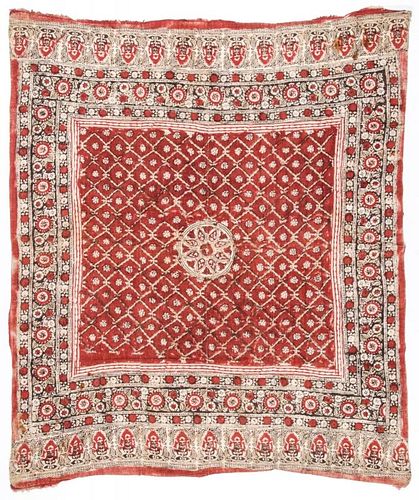 19th C. Central Asian Bokhara Blockprint Cloth: 66'' x 74''