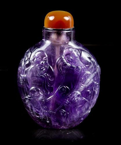 An Amethyst Quartz Snuff Bottle, Width of stand 11 inches.
