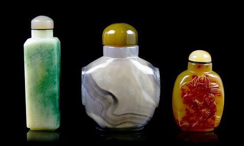 A Group of Three Snuff Bottles, Height of tallest 3 1/8 inches.